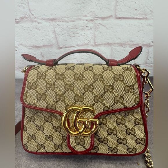 Gucci Marmont Matelasse Top Handle GG Khaki Red Shoulder Bag - Picture 1 of 13